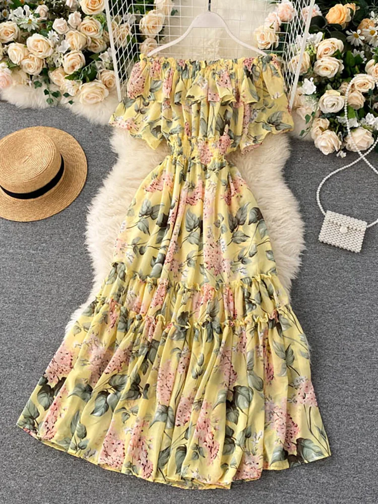 Bohemian Floral Chiffon Midi Dress Women Sexy Slash Neck Ruffle Short Sleeve A-line Printed Vacation Beach Vestidos Robe M749 
Bohemian Floral Chiffon Midi Dress Women Sexy Slash Neck Ruffle Short Sleeve A-line Printed Vacation Beach Vestidos Robe M749