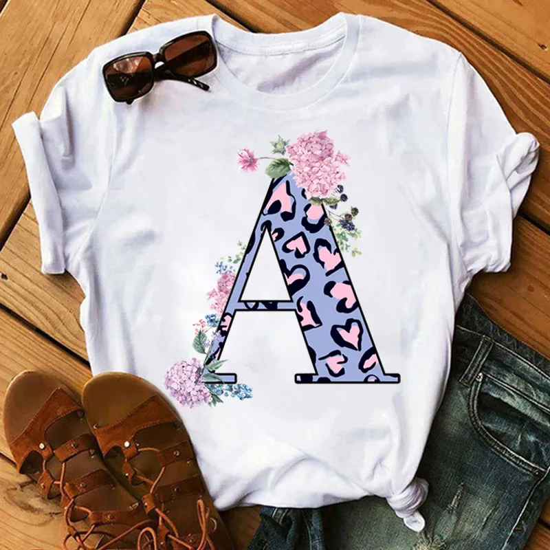 Women T Shirt Pink Flower Leopard Letter Font A B C D E F G Short Sleeve Tops Custom Name Letter Combination Fashion Black Tops
Women T Shirt Pink Flower Leopard Letter Font A B C D E F G Short Sleeve Tops Custom Name Letter Combination Fashion Black Tops