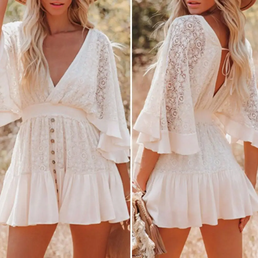 Elegant Women Beach Dress Summer Solid Color Hollow Out Lace Summer Crochet Ruffles Mini Dress Beachwear Fashion Female Vestidos
Elegant Women Beach Dress Summer Solid Color Hollow Out Lace Summer Crochet Ruffles Mini Dress Beachwear Fashion Female Vestidos