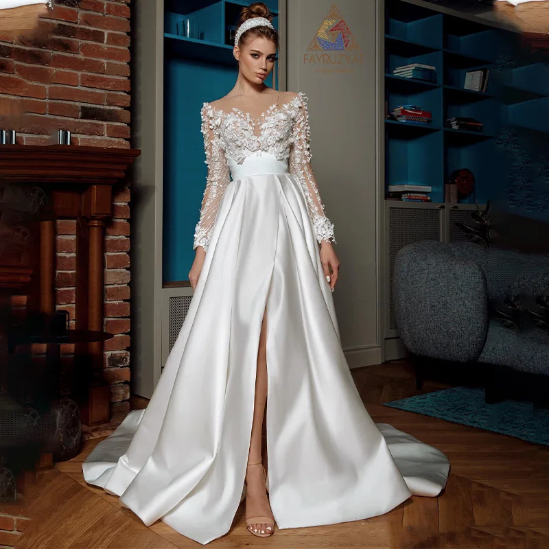 Sheer Illusion Full Sleeves 3D Flower Satin A Line Wedding Dresses Bridal Gowns Vestidos De Novia Robe De Mariée
Sheer Illusion Full Sleeves 3D Flower Satin A Line Wedding Dresses Bridal Gowns Vestidos De Novia Robe De Mariée