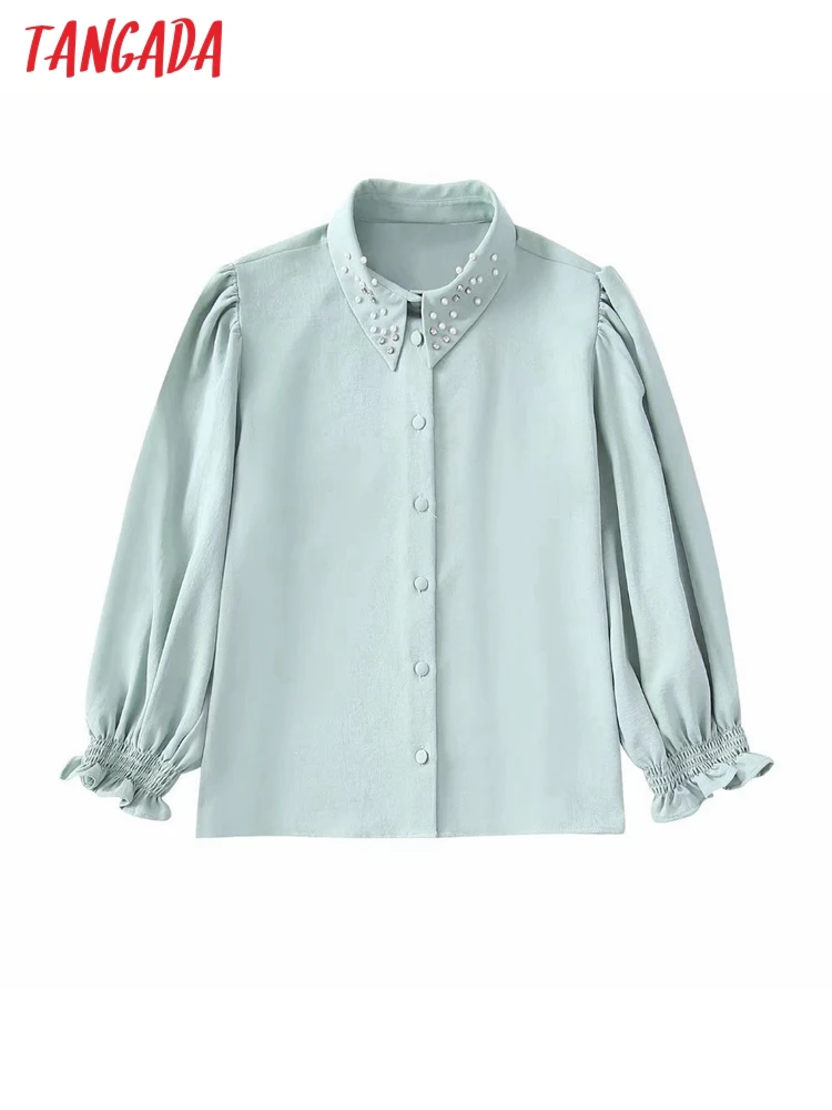 Tangada women pearl collar green shirts puff sleeve summer office female work tops blouses BE396
Tangada women pearl collar green shirts puff sleeve summer office female work tops blouses BE396