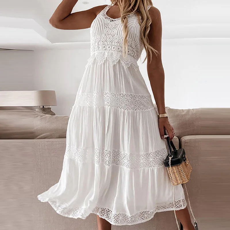 Elegant Casual Embroidery Lace Pleated Party Dress Summer V-neck White Sleeveless Dresses Female A-line Holiday Beach Long Dress
Elegant Casual Embroidery Lace Pleated Party Dress Summer V-neck White Sleeveless Dresses Female A-line Holiday Beach Long Dress