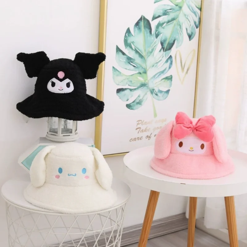 

Sanrio kawaii cartoon anime cinnamon roll Kuromi plush toy cute personality fisherman hat melody winter warm bucket hat gift