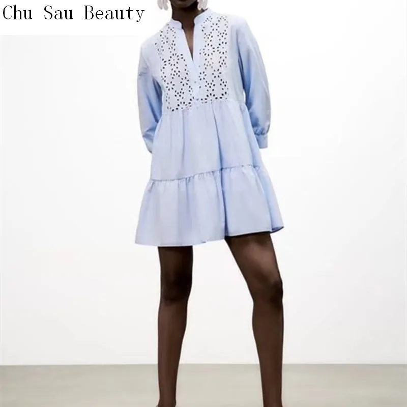 2022 New Women Light Blue Hollow Embroidered Mini Dress Summer Casual Fashion High Street Cropped Sleeve Dress
2022 New Women Light Blue Hollow Embroidered Mini Dress Summer Casual Fashion High Street Cropped Sleeve Dress