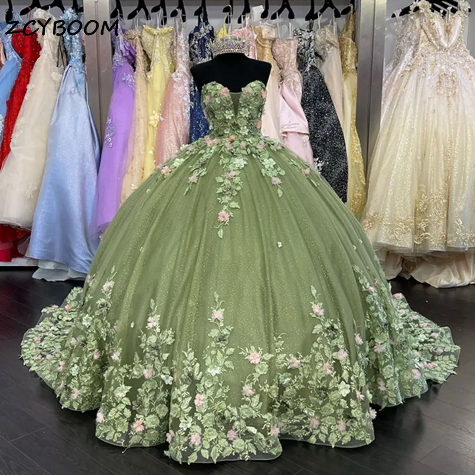

Роскошное зеленое бальное платье принцессы, милое платье Quinceanera 2023, милое вечернее платье с 3D цветочной аппликацией на день рождения, 15 лет