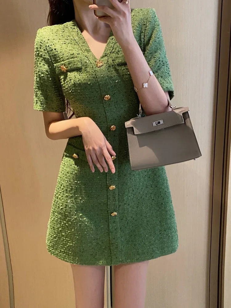 N GIRLS Runway French Summer Single-Breasted Tweed Small Fragrance Dress Women Green Woolen Short Sleeve Slim Dresses Vestidos
N GIRLS Runway French Summer Single-Breasted Tweed Small Fragrance Dress Women Green Woolen Short Sleeve Slim Dresses Vestidos