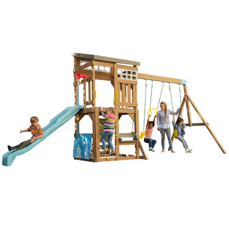 Modern Outdoor Wooden Swing Set / Playset with Fireman's Pole, Reversible Bench
Modern Outdoor Wooden Swing Set / Playset with Fireman's Pole, Reversible Bench