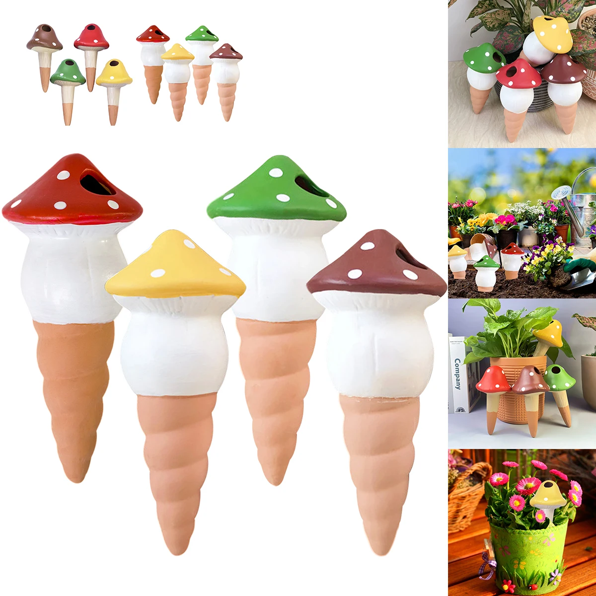 

4Pcs Self-Watering Mushroom Spikes Portable Automatic Terracotta Watering Globe Small Automatic Potted Plant Waterer Cute Garden