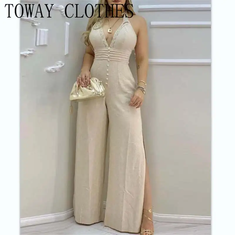 Sleeveless Summer Women Lace Trim Buttoned Backless Slit Jumpsuit Casual V Neck Jumpsuit
Sleeveless Summer Women Lace Trim Buttoned Backless Slit Jumpsuit Casual V Neck Jumpsuit