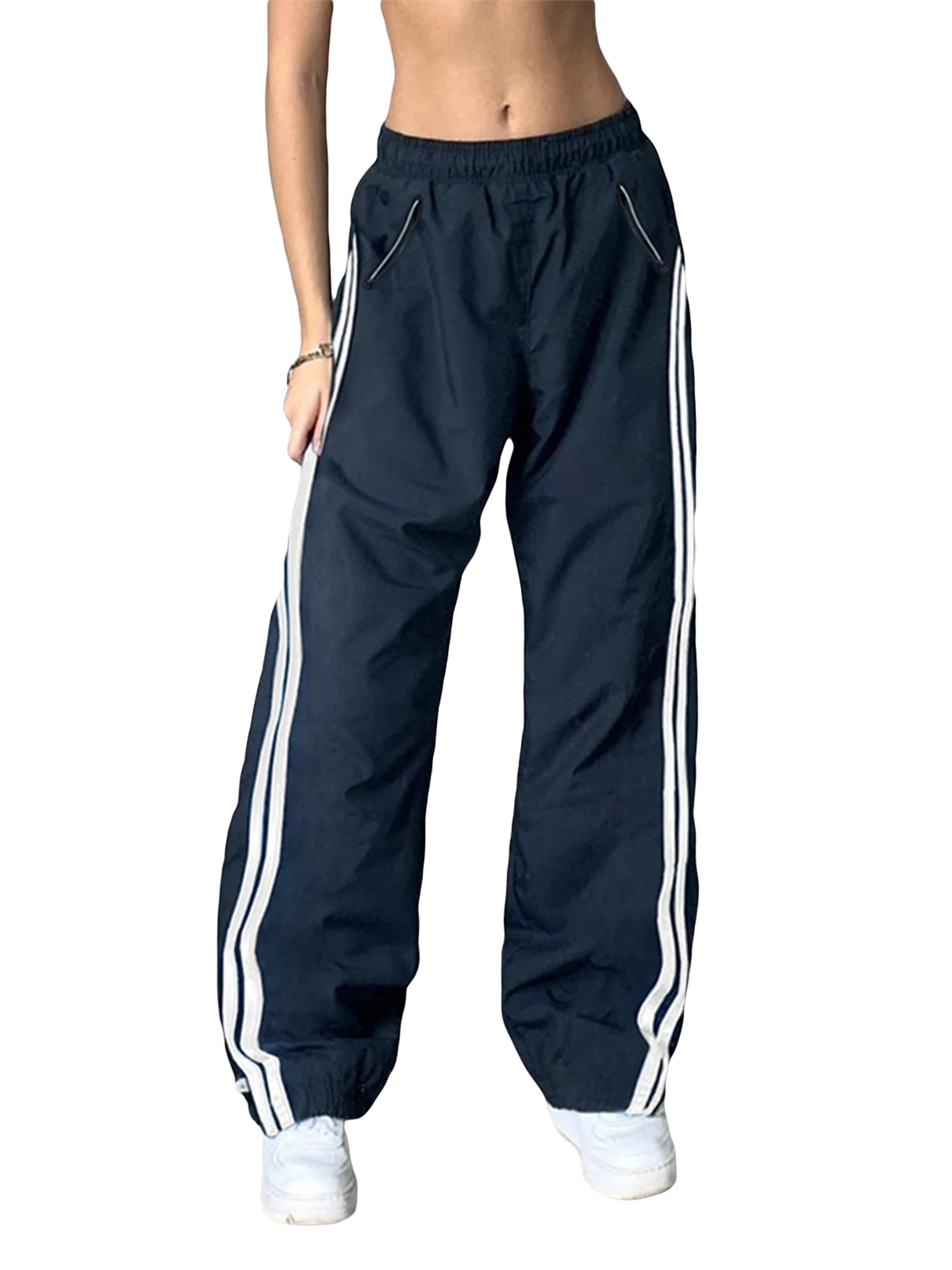 

Женские стильные свободные брюки в полоску с эластичным поясом и модными карманами для повседневной улицы