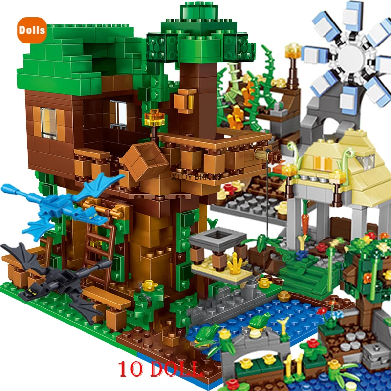 

1208PCS Building Blocks for Mountain Cave My Worlds Village Warhorse Windmill Tree House with Elevator Figures Bricks DIY Toys