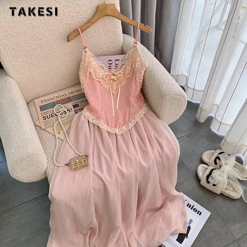 

Милое стильное лоскутное кружевное мини-платье на бретелях с открытой спиной и V-образным вырезом 2023 летнее женское шифоновое приталенное розовое платье с бантом