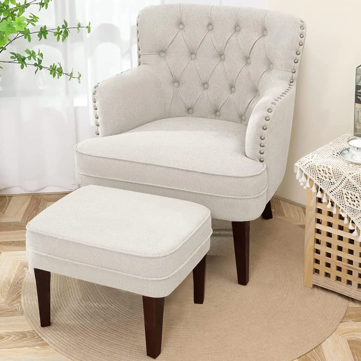 Accent Chair with Ottoman, Living Room Chair, Footrest Chair Set with Vintage Brass Studs, Button Tufted Upholstered Armchair
Accent Chair with Ottoman, Living Room Chair, Footrest Chair Set with Vintage Brass Studs, Button Tufted Upholstered Armchair