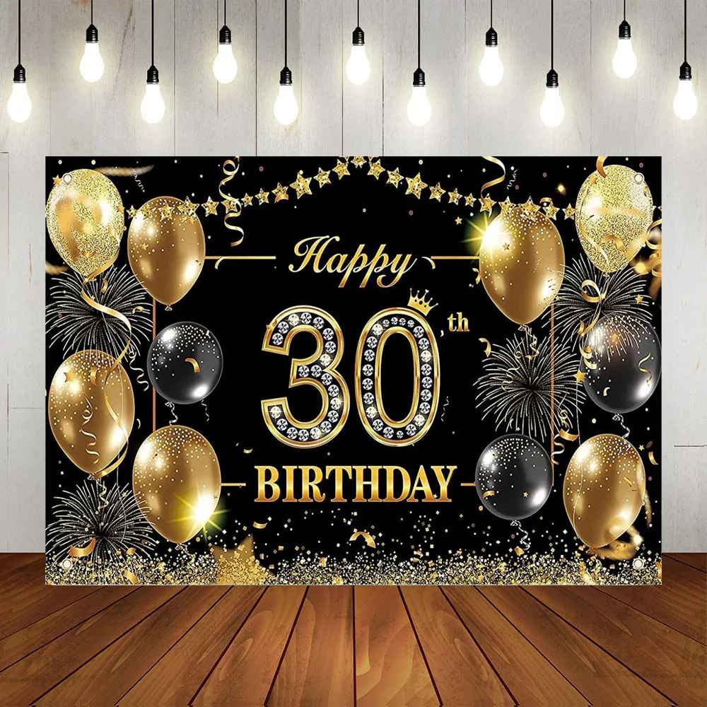 Happy 30th Birthday Party Men Women Backdrop Banner Black Gold Stars Balloons Years Anniversary Suppiles Background Poster
Happy 30th Birthday Party Men Women Backdrop Banner Black Gold Stars Balloons Years Anniversary Suppiles Background Poster