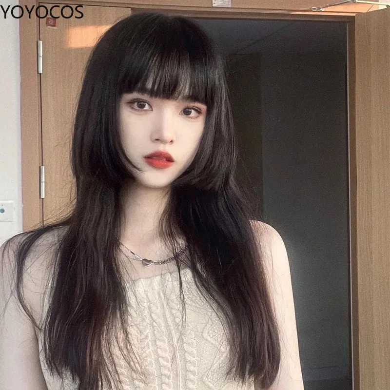 

Lolita Black Long Straight Hair 60cm Dark Light Brown Daily Wig Party Festival Anime Hime Cut Wig Heat Resistant Sythentic Hair