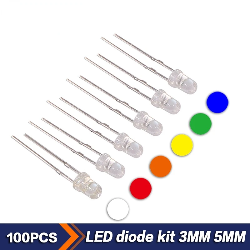100PCS/LOT 3MM 5MM Light Emitting Diode F3 F5 Led Diode Kit Red Green Blue Yellow Orange Electronic Components
100PCS/LOT 3MM 5MM Light Emitting Diode F3 F5 Led Diode Kit Red Green Blue Yellow Orange Electronic Components