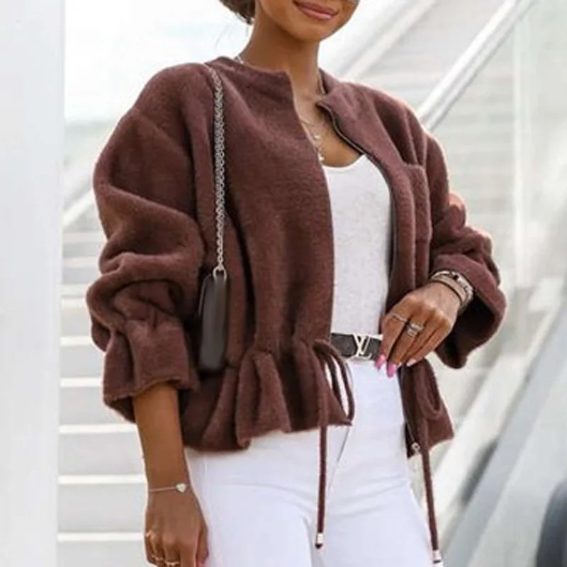 Autumn Winter Stand Collar Zipper Short Coat Fall Fashion Solid Fluff Crop Jacket Fashion Women Drawstring Lace Up Cardigan Coat
Autumn Winter Stand Collar Zipper Short Coat Fall Fashion Solid Fluff Crop Jacket Fashion Women Drawstring Lace Up Cardigan Coat