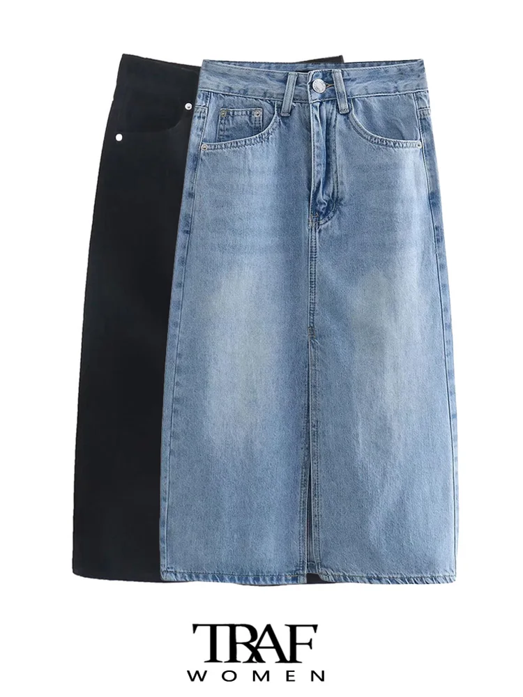 TRAF Women Fashion With Five Pockets Front Slit Denim Midi Skirt Vintage High Waist Zipper Fly Female Skirts Mujer
TRAF Women Fashion With Five Pockets Front Slit Denim Midi Skirt Vintage High Waist Zipper Fly Female Skirts Mujer