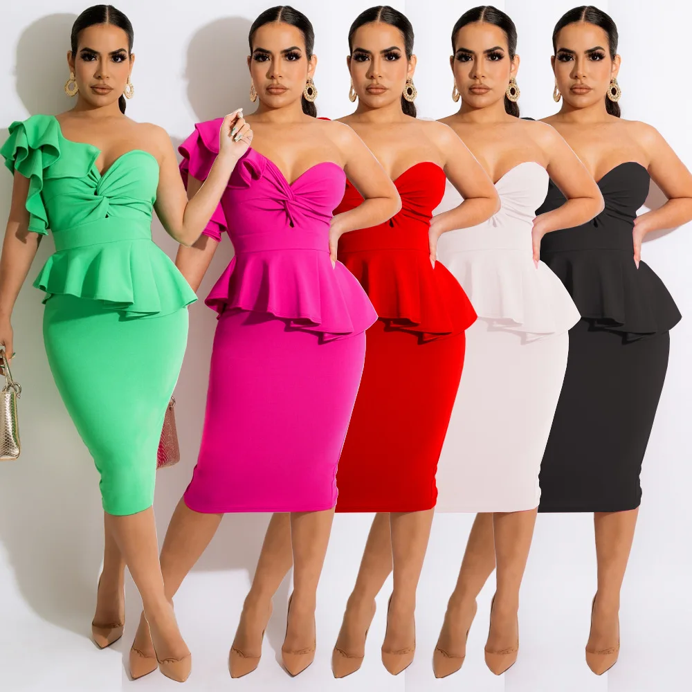 Fashion Office Sexy Ruffled Party Dress Ladies 2022 One Shoulder Diagonal Collar Sleeveless Slit Slim Women Mid Dress
Fashion Office Sexy Ruffled Party Dress Ladies 2022 One Shoulder Diagonal Collar Sleeveless Slit Slim Women Mid Dress