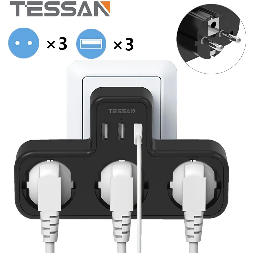 TESSAN Multiple Socket Adapter EU Plug Extension Power Strip with 3 AC Outlets & 3 USB Ports Black Wall Charger Adapter for Home
TESSAN Multiple Socket Adapter EU Plug Extension Power Strip with 3 AC Outlets & 3 USB Ports Black Wall Charger Adapter for Home