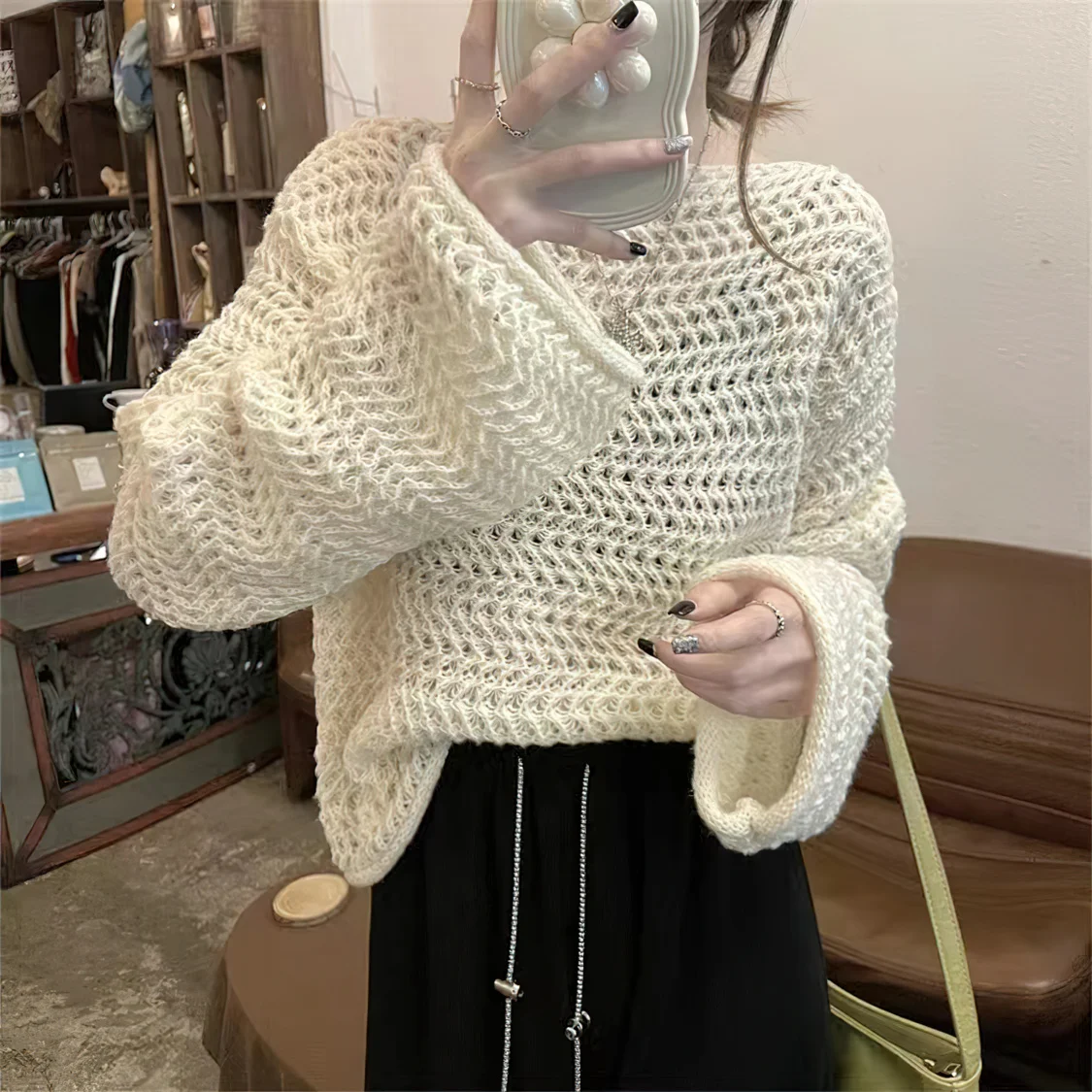 Sweater Women Knitted, Lazy Style, Hollow Design, Loose Fit, Outer Wear, Pullover, Long-sleeved Top, Slight Strech 
Sweater Women Knitted, Lazy Style, Hollow Design, Loose Fit, Outer Wear, Pullover, Long-sleeved Top, Slight Strech
