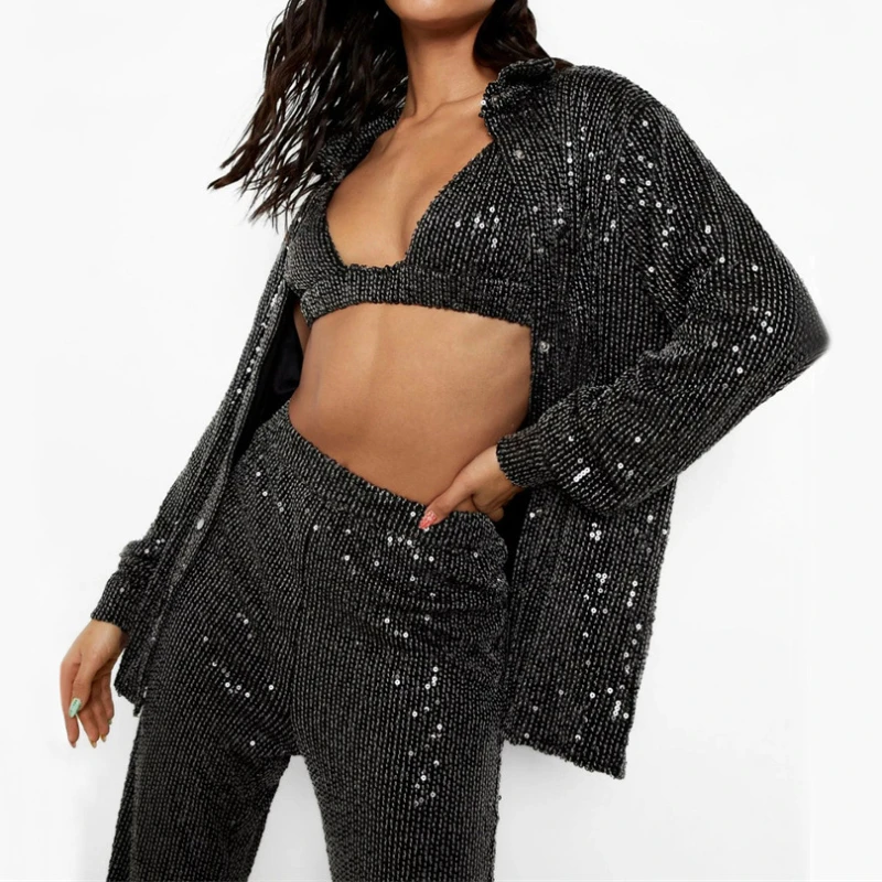 NEW Sequin long sleeve shirt women's V-neck vest straight pants three piece set sexy vest 2022 spring party set Cool Street suit
NEW Sequin long sleeve shirt women's V-neck vest straight pants three piece set sexy vest 2022 spring party set Cool Street suit