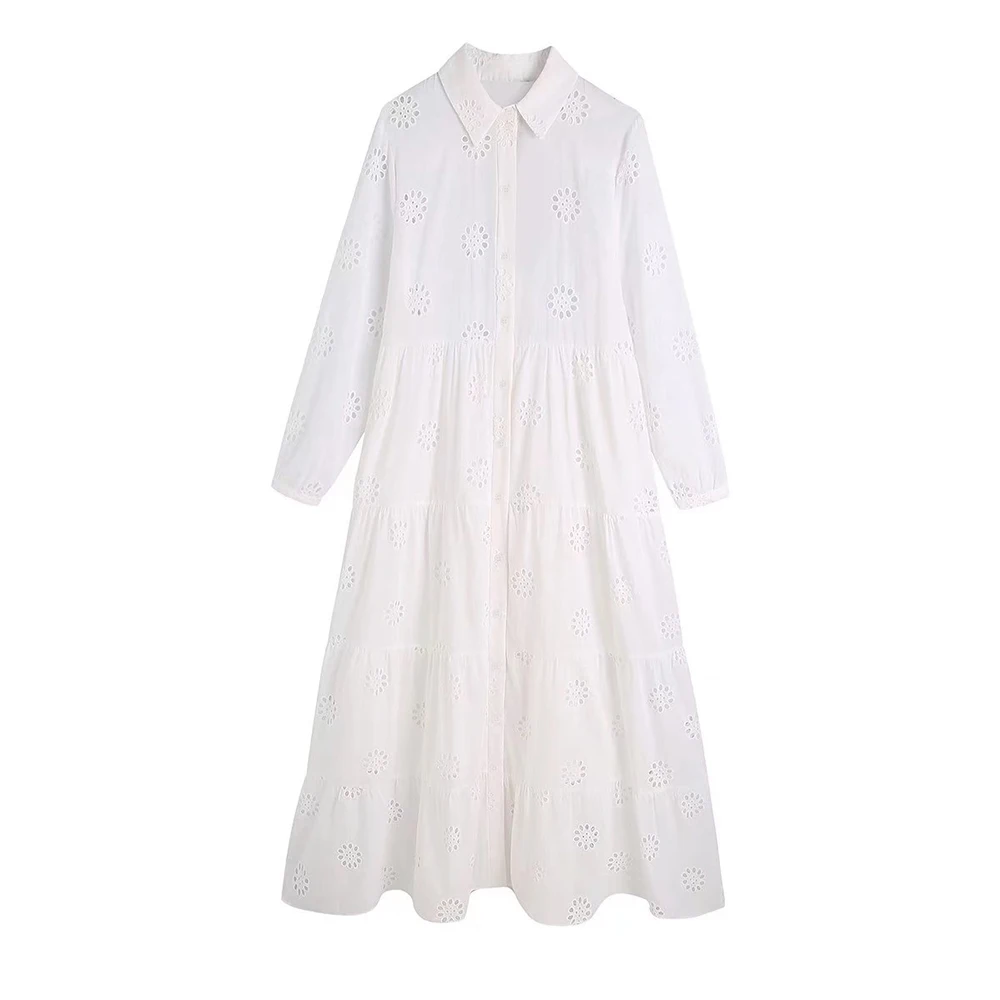 Summer New Chic Hollow Embroidery Lapel Single-breasted Stitching Pleated Long Sleeve Dress Retro Casual Waist MIDI Dress
Summer New Chic Hollow Embroidery Lapel Single-breasted Stitching Pleated Long Sleeve Dress Retro Casual Waist MIDI Dress