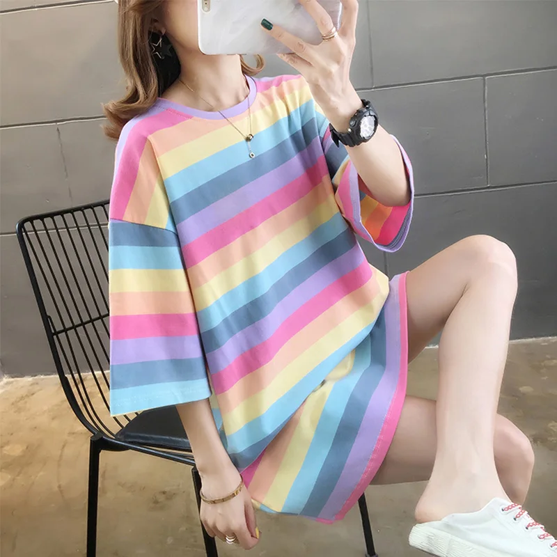 DAYIFUN Rainbow Stripe T-shirt Women Summer Short-sleeve Harajuku Korean Loose Oversize Mid-length Cotton Y2K Top Female Clothes
DAYIFUN Rainbow Stripe T-shirt Women Summer Short-sleeve Harajuku Korean Loose Oversize Mid-length Cotton Y2K Top Female Clothes