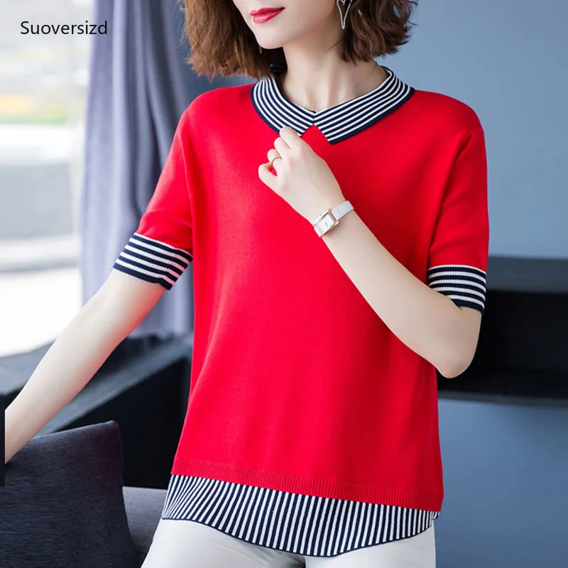 Suoversizd Fashion Stripe Patchwork Short Sleeve Knitted Tops Women Korean Fake Two Pieces T-Shirt Summer Loose Knitwear Tee
Suoversizd Fashion Stripe Patchwork Short Sleeve Knitted Tops Women Korean Fake Two Pieces T-Shirt Summer Loose Knitwear Tee