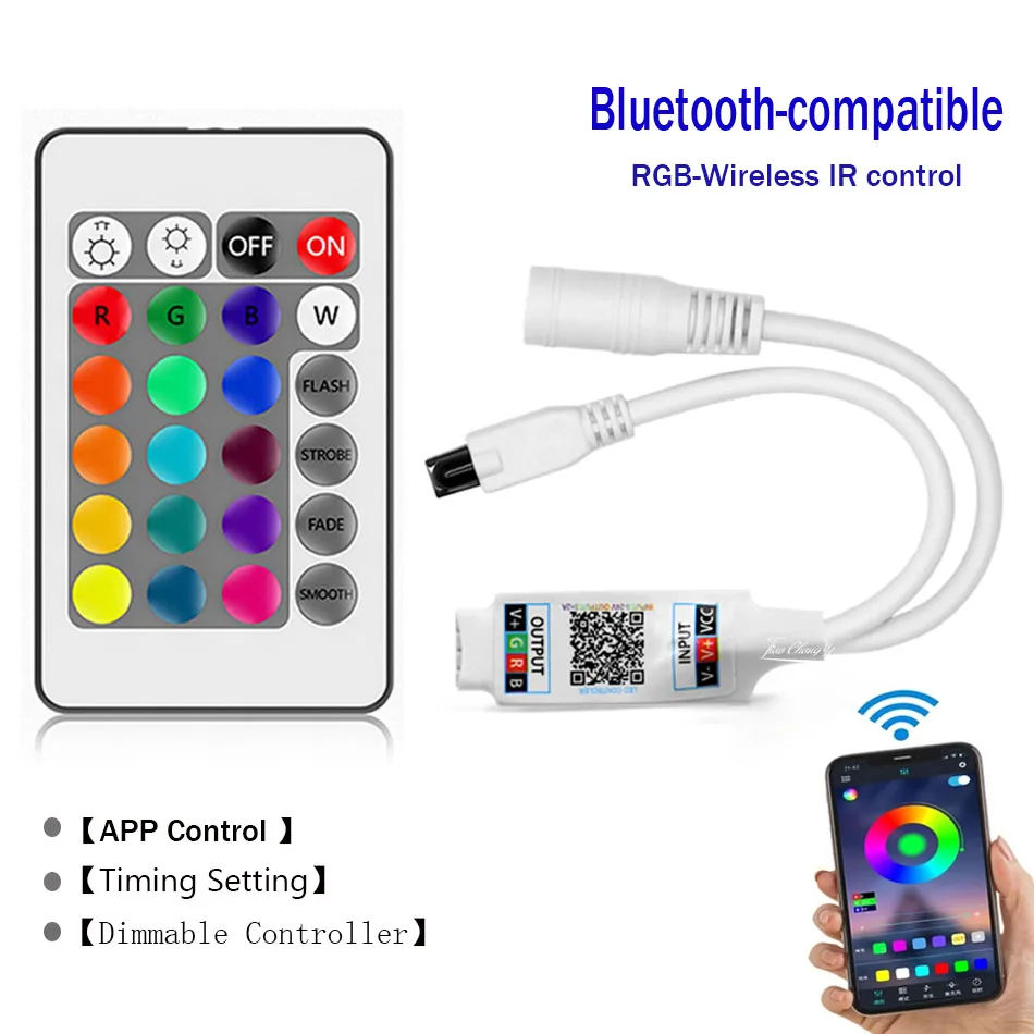 DC 5V 12V 24V BT RGB LED Controller Bluetooth-compatible 4.0 & 24key IR wireless Remote for SMD 5050 2835 RGB LED Strip light
DC 5V 12V 24V BT RGB LED Controller Bluetooth-compatible 4.0 & 24key IR wireless Remote for SMD 5050 2835 RGB LED Strip light