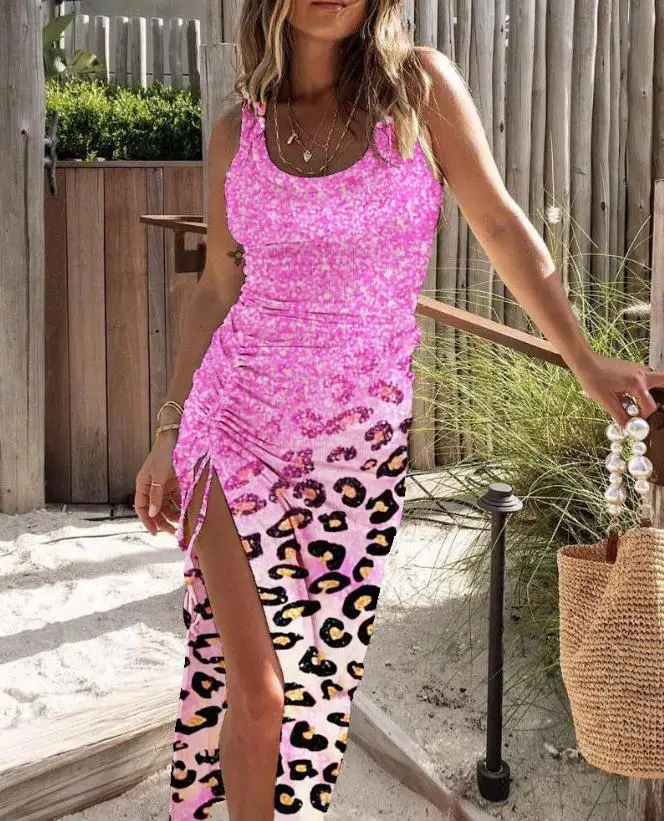 Dresses for Women 2023 Summer Fashion U-Neck Pink Contrast Leopard Print Ribbed Drawstring Slit Casual Vacation Mid-Calf Dress
Dresses for Women 2023 Summer Fashion U-Neck Pink Contrast Leopard Print Ribbed Drawstring Slit Casual Vacation Mid-Calf Dress
