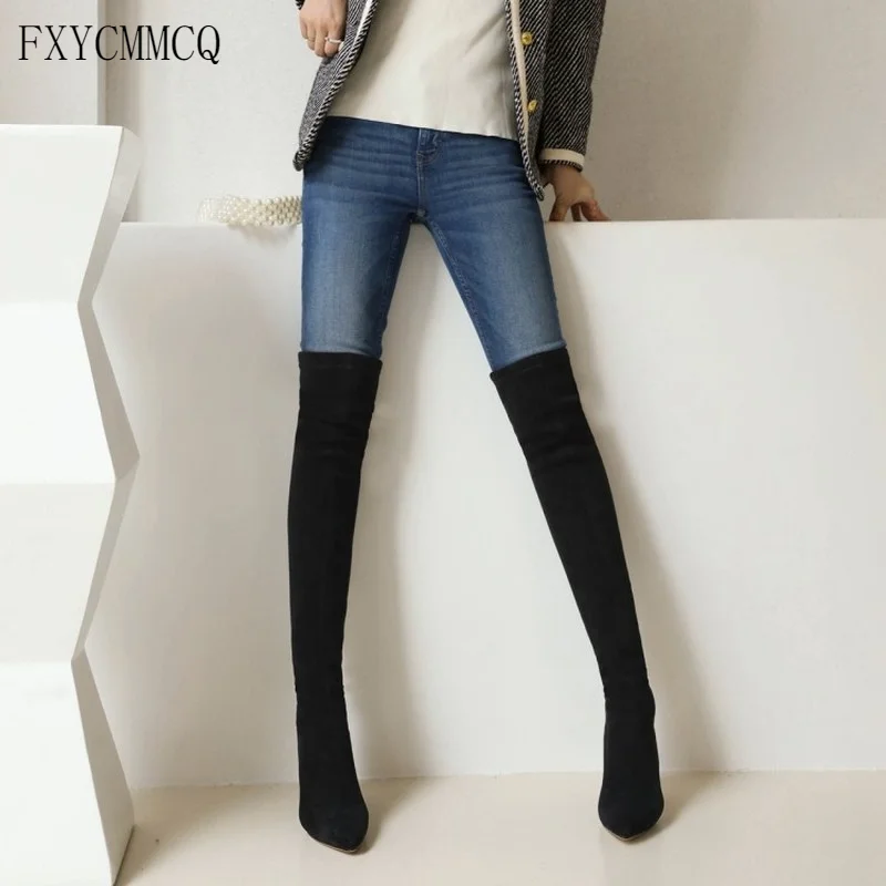 

FXYCMMCQ 2021 Autumn and Winter New Fashion Trendy Winter Boots Thick High-heeled Frosted Stretch Suede Pointed Toe Boots 2186