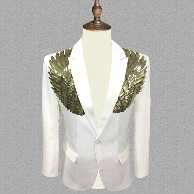 Mens Gold Sequin Wing White Blazer Jacket Brand New One Button Pocket Slim Fit Tuxedo Blazer Men Stage Prom Shiny Costume Homme
Mens Gold Sequin Wing White Blazer Jacket Brand New One Button Pocket Slim Fit Tuxedo Blazer Men Stage Prom Shiny Costume Homme