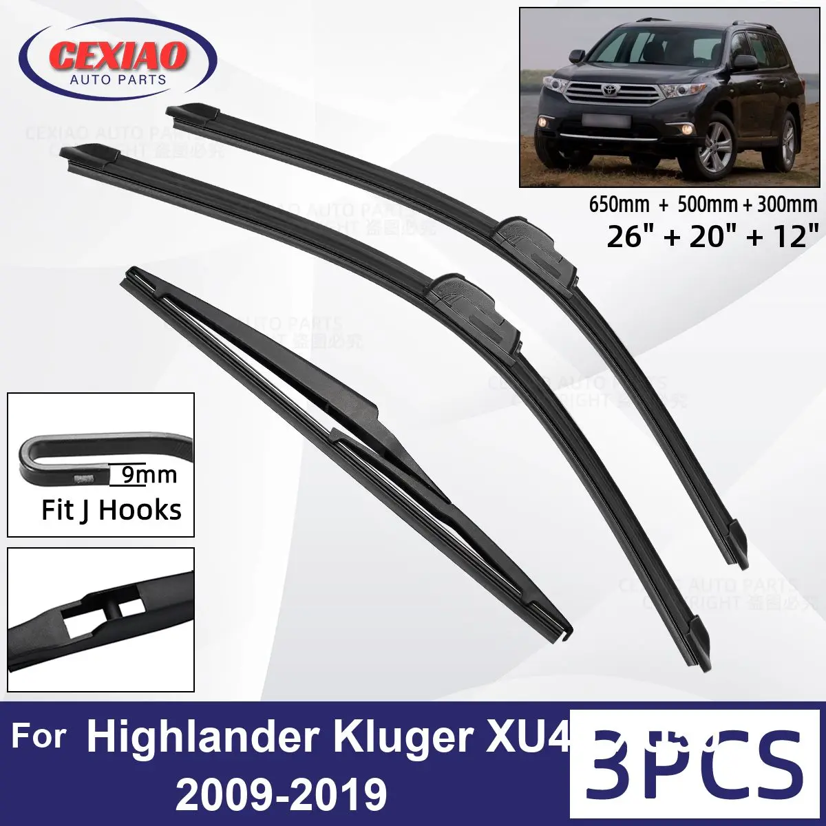 

For TOYOTA Highlander Kluger XU40 XU50 2009-2019 Car Front Rear Wiper Blades Windscreen Wipers Auto Windshield 26"+20"+12" 2018