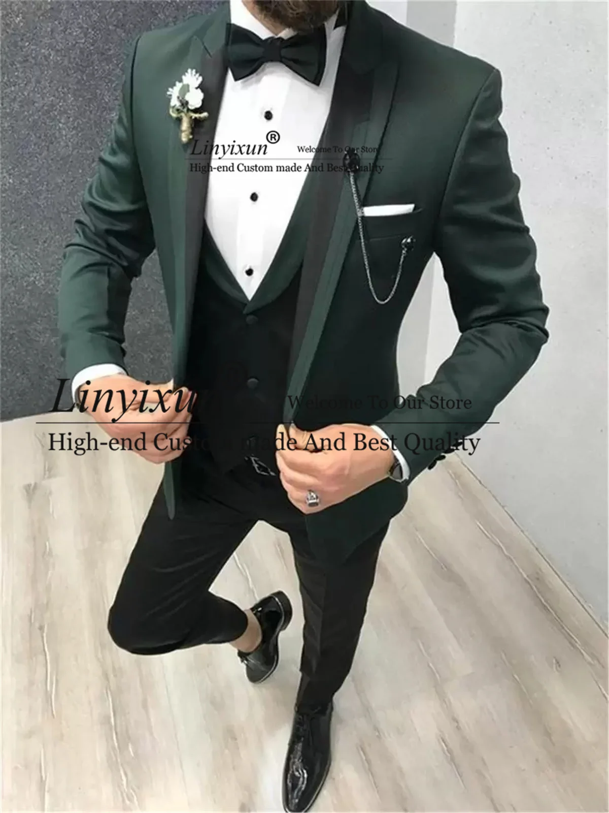 

Fashion Green Wedding Suits for Men Notched Lapel Groom Tuxedos 3 Pieces Sets Groomsman Blazers Costume Homme Jacket+Vest+Pants