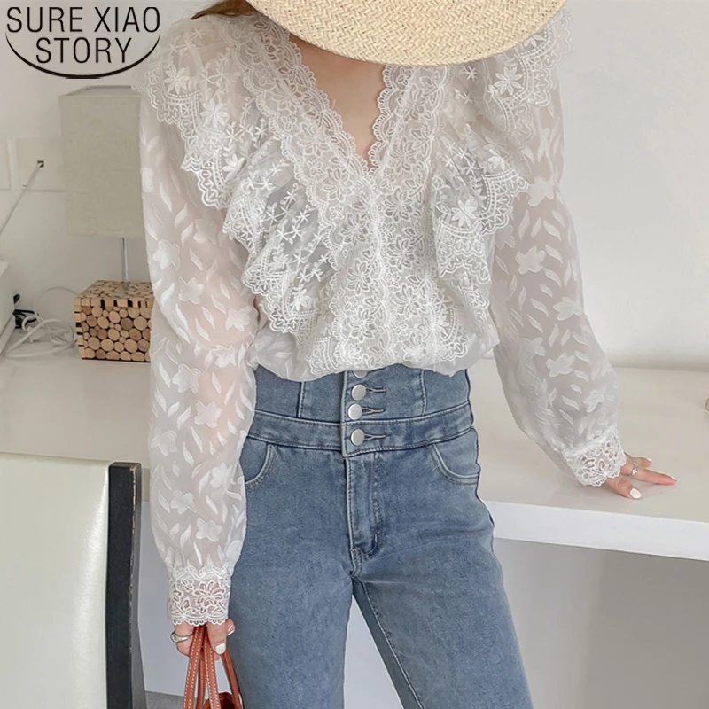 

Ruffles Tops Spring Summer 2023 New Fashion White Apricot Pink Lace Spliced Mesh Shirt V-neck Elegant Women Blouse Clothes 21479