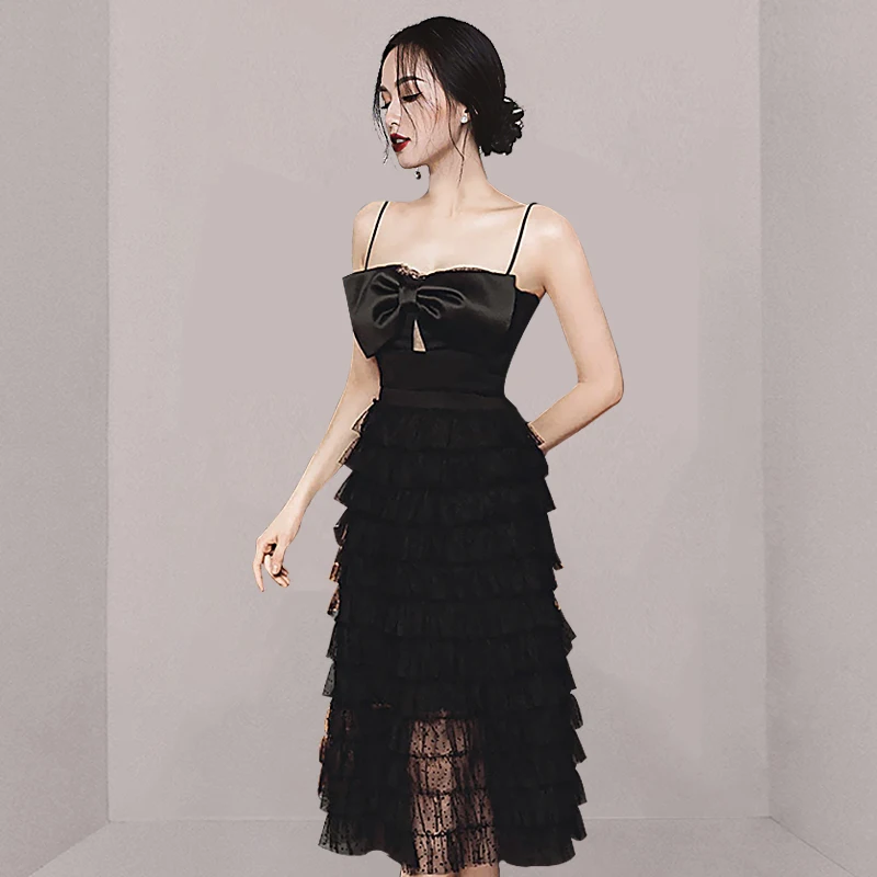Women Elegant Black Sexy Party Dress Sets Female Summer New Bow Spaghetti Strap Tops+ Fashion Ruched Cake Skirt Two Piece Set
Women Elegant Black Sexy Party Dress Sets Female Summer New Bow Spaghetti Strap Tops+ Fashion Ruched Cake Skirt Two Piece Set