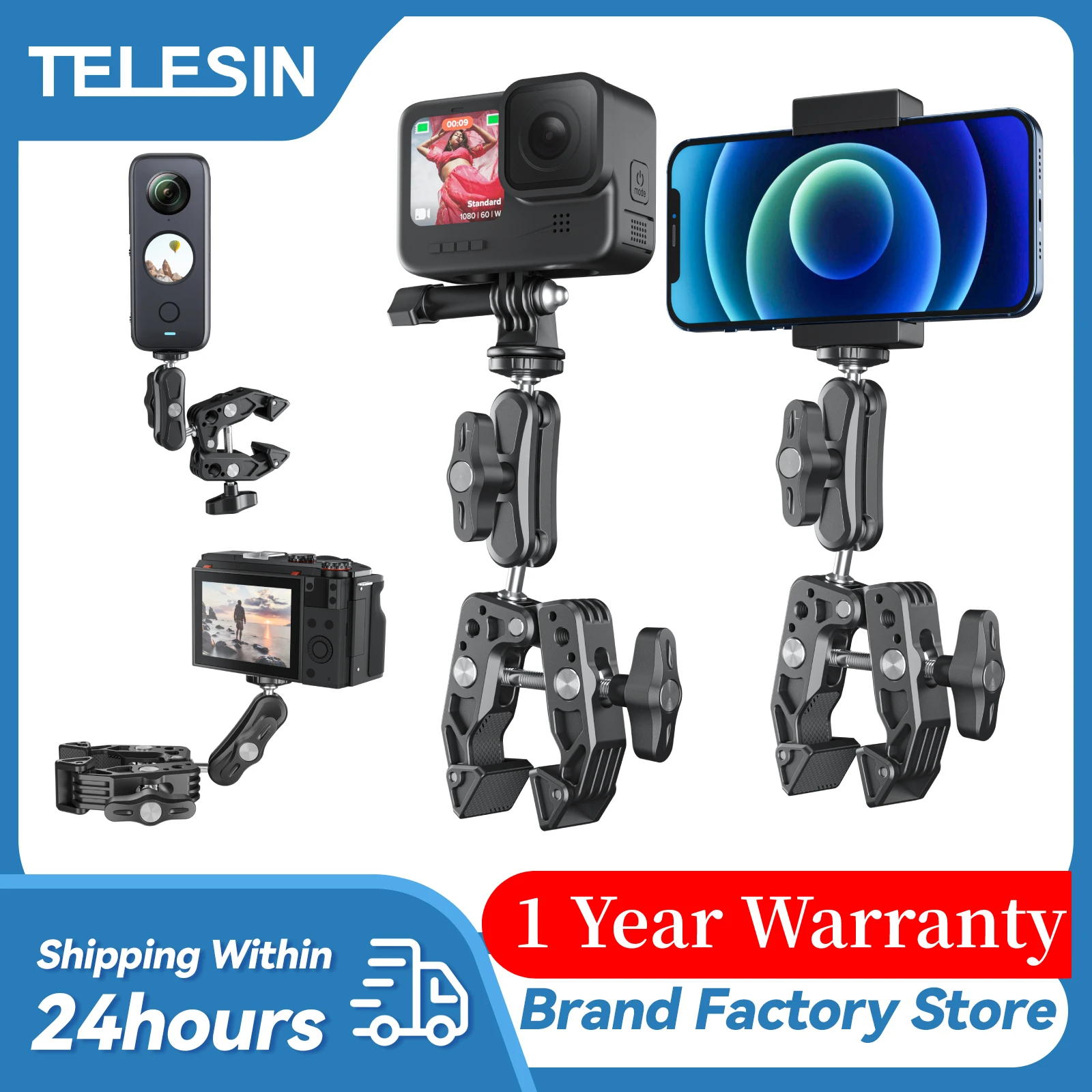 TELESIN Aluminum Super Clamp with Double 360° Ball Head Magic Arm For GoPro Insta 360 X3 DJI Aciton 3 Mobile Phone Action Camera
TELESIN Aluminum Super Clamp with Double 360° Ball Head Magic Arm For GoPro Insta 360 X3 DJI Aciton 3 Mobile Phone Action Camera