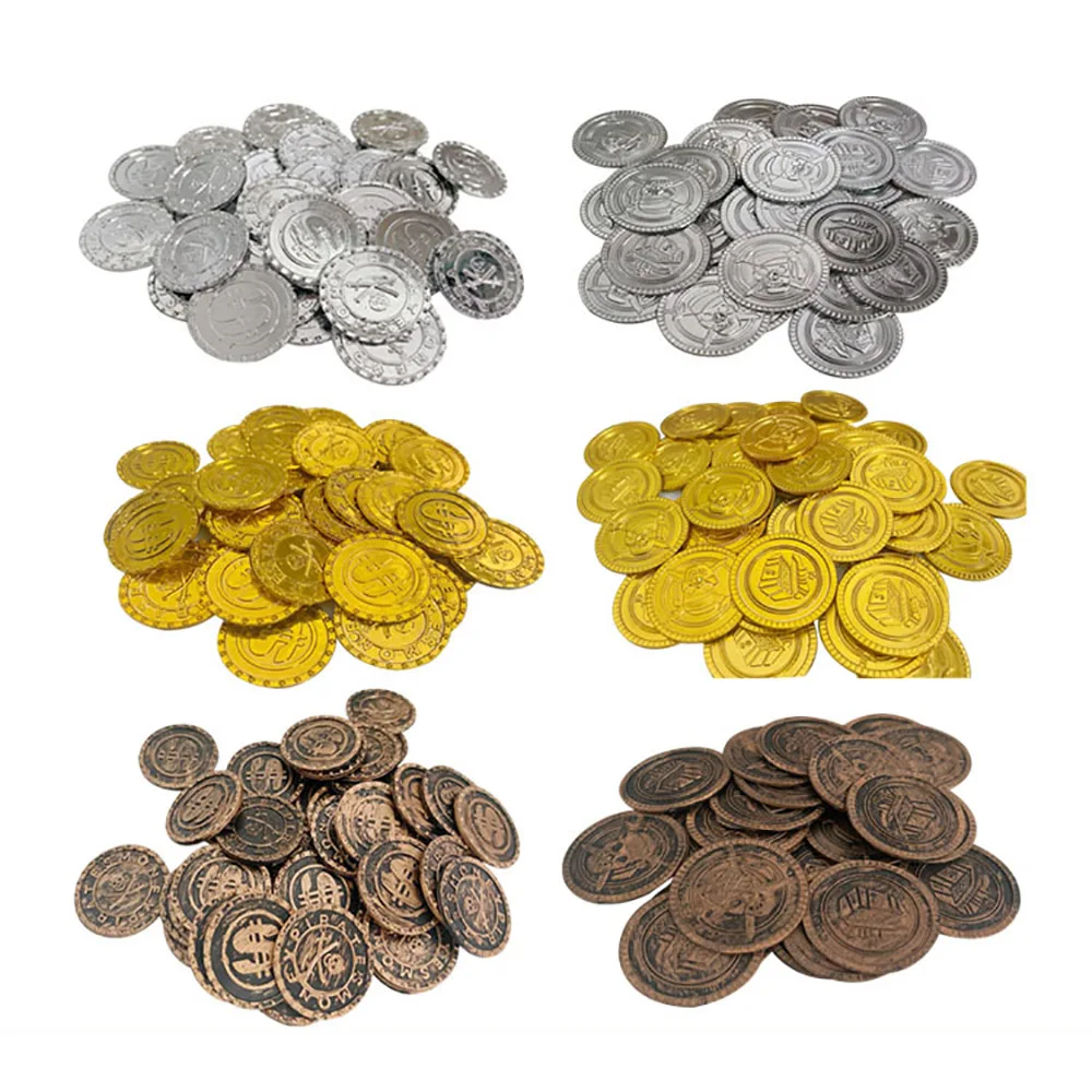 

100PCS Plastic Pirate Gold Silver Coin Halloween Kids Birthday Party Decoration Fake Coins Party Game Treasure Hunt Supplies