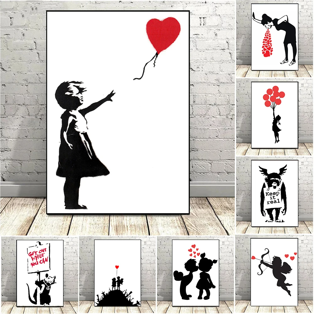 Banksy Graffiti Art Black White Canvas Painting Girl with Red Balloons Poster and Print Modern Abstract wall art for Home Decor
Banksy Graffiti Art Black White Canvas Painting Girl with Red Balloons Poster and Print Modern Abstract wall art for Home Decor
