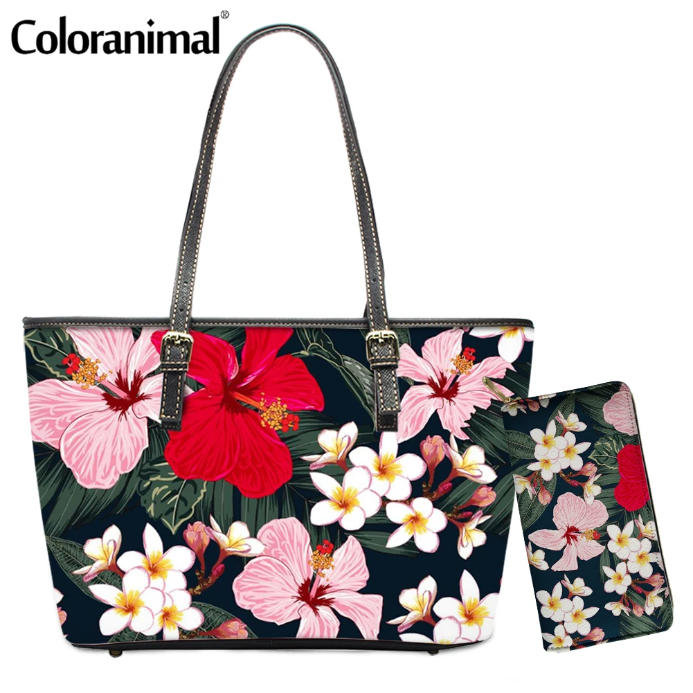 

Coloranimal Tropical Hibiscus Plumeria Prints Tote Handbag for Women PU Leather 2Pcs/Set Shoulder Bag with Wallet Big Sac a main