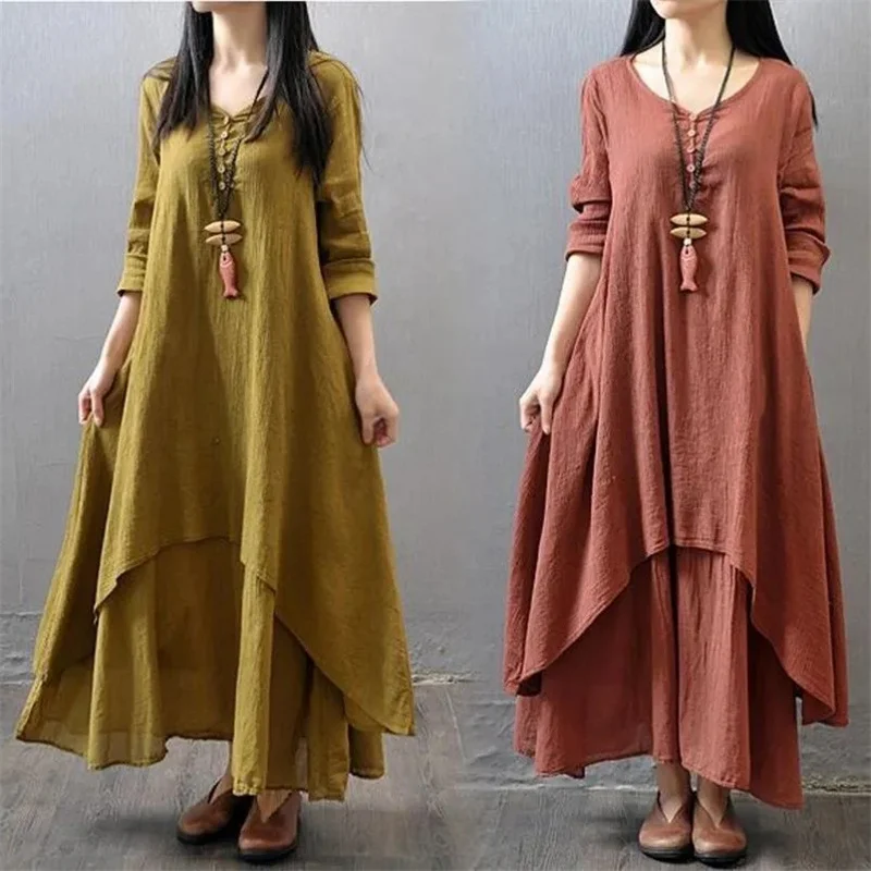 

Платье из хлопка и льна с имитацией двух предметов, женская одежда на весну и осень 2023, свободная тонкая длинная юбка в литературном и этническом стиле