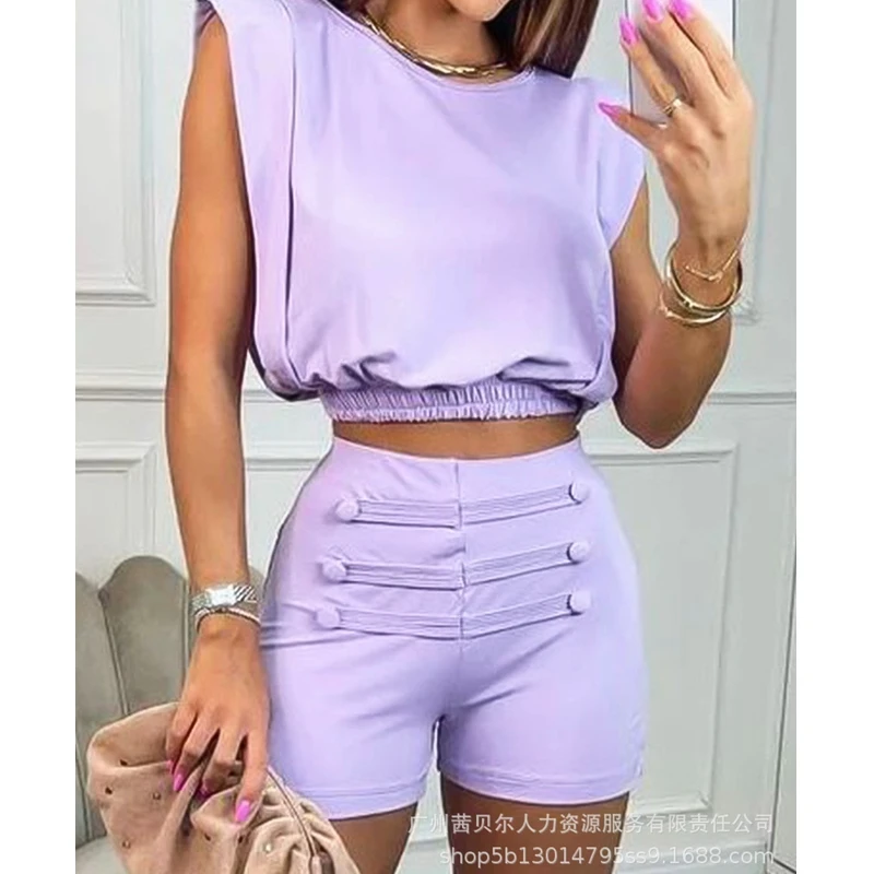 Summer Solid Color Slim Suit Women 2-Piece Suit Women Casual Sleeveless O-Neck Short Top High Waist Button Straight Shorts Suit
Summer Solid Color Slim Suit Women 2-Piece Suit Women Casual Sleeveless O-Neck Short Top High Waist Button Straight Shorts Suit