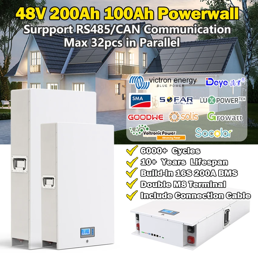 

. 48 В Powerwall LiFePO4 51,2 Ач 6000 Ач в 10 кВтч настенный аккумулятор с 16S BMS RS485 CAN + циклов для хранения энергии