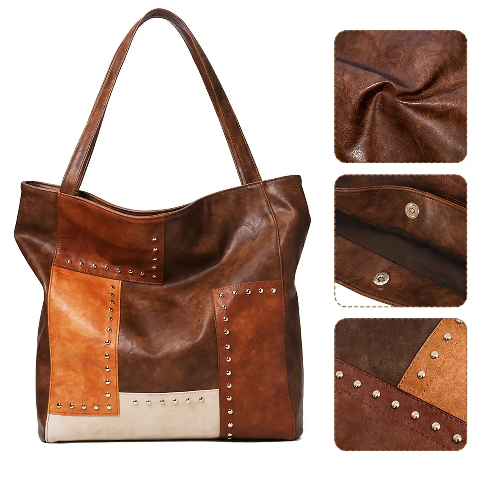 2022 New Luxury Women PU Leather Shoulder Bag Waterproof Handbag Vintage Rivet Color Block Large Capacity Shoulder Bag Totes
2022 New Luxury Women PU Leather Shoulder Bag Waterproof Handbag Vintage Rivet Color Block Large Capacity Shoulder Bag Totes