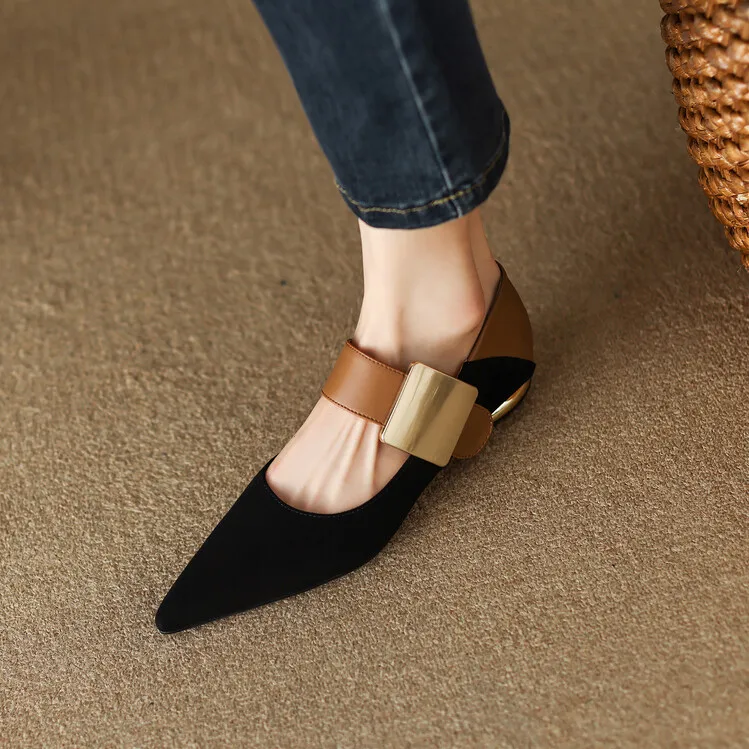 

Women Nature Suede High Thick Heels SmallHut New 2023 Spring Black Apricot Square Toe Pumps Elegant Lady Metal Decoration Shoes