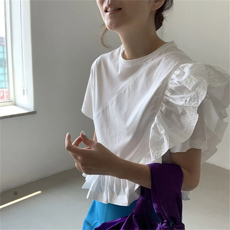 Vintage Short Sleeve Shirts & Blouses Summer Korean Fashion Solid Color O-neck Ruffle Trim Casual Tops Elegant Blusas Mujer
Vintage Short Sleeve Shirts & Blouses Summer Korean Fashion Solid Color O-neck Ruffle Trim Casual Tops Elegant Blusas Mujer