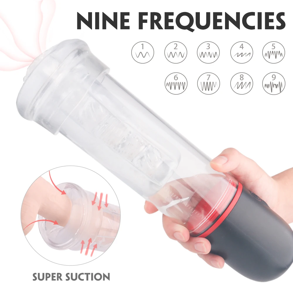 

Male Enlarge Penis Enlargement Vacuum Pump 9 Sucking Air Transparent 9 Vibrating Electric Masturbation Cup Male Sex Toys Product