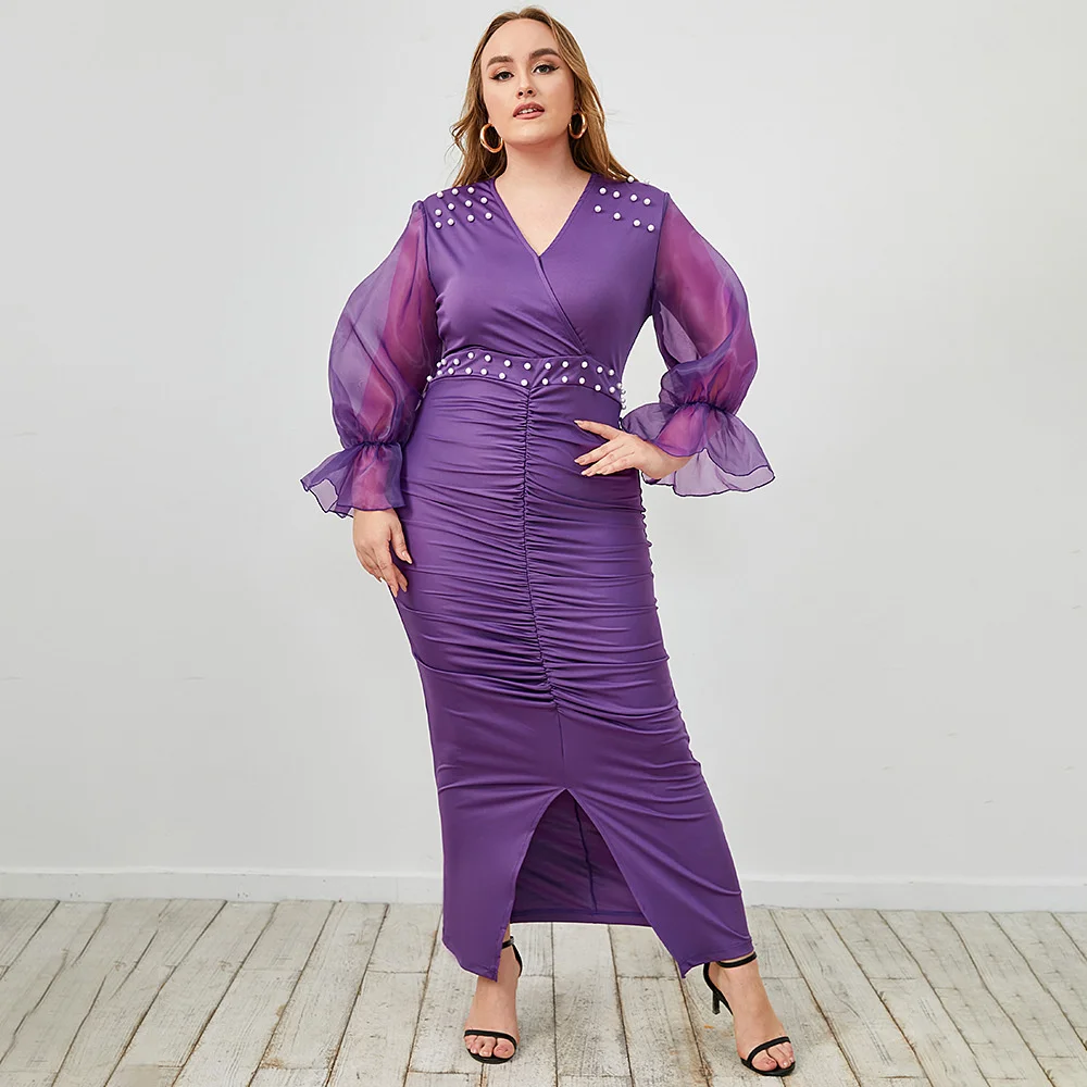 Women Plus Size Dresses Fashion Elegant V-neck Flared Sleeve Knitted Pearl Party Dress Mesh Splicing Pleated Casual Lady Dress
Women Plus Size Dresses Fashion Elegant V-neck Flared Sleeve Knitted Pearl Party Dress Mesh Splicing Pleated Casual Lady Dress