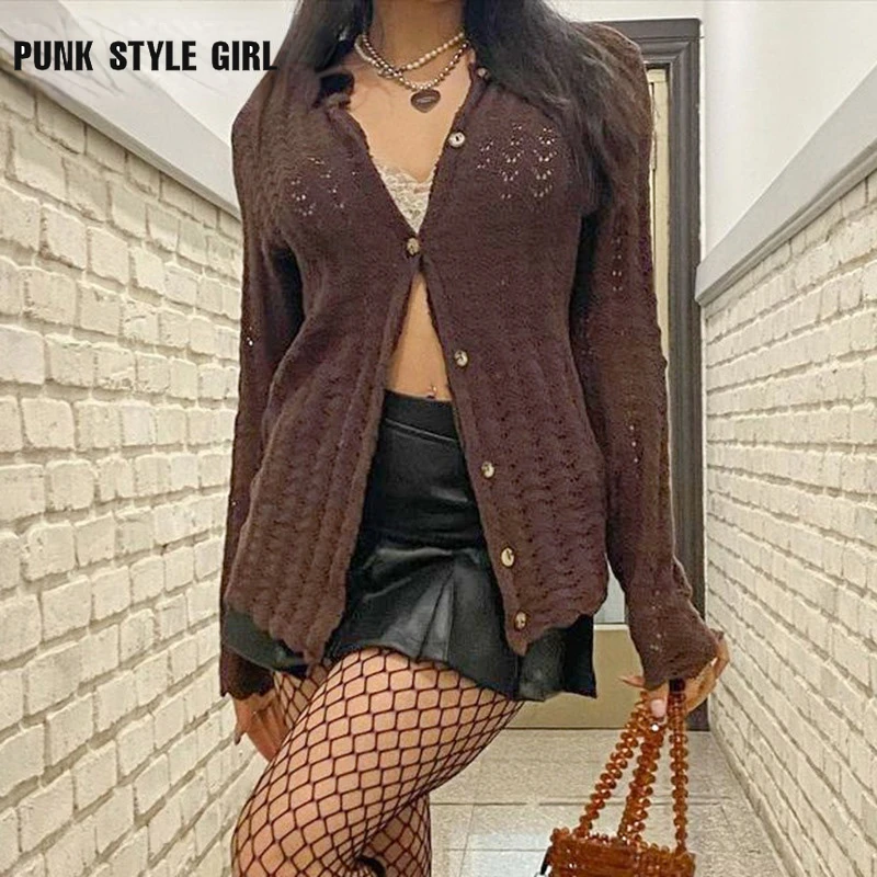 Vintage Hollow Out Knitwears Brown Blouses Y2K Aesthetics Button Up Long Sleeve Egirl Fairycore T-shirts Sexy Slim Kintted Tops
Vintage Hollow Out Knitwears Brown Blouses Y2K Aesthetics Button Up Long Sleeve Egirl Fairycore T-shirts Sexy Slim Kintted Tops